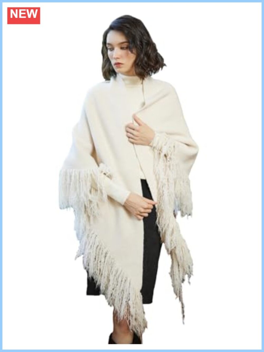 Wool Blend Fringe Tassel Knitted Shawl Wrap Poncho Cape